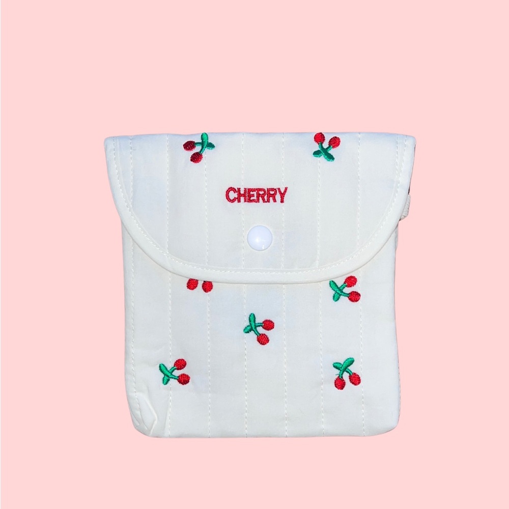 Handmade Cherry Embroidered White Pouch